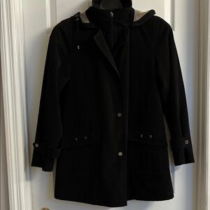 Giacca Y2K Black Trench Jacket, Full Zip and Snaps detachable Hood, Pockets